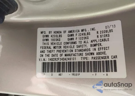 2013 Honda Accord Lx z USA, uszkodzony, nr VIN 1HGCR2F34DA246101